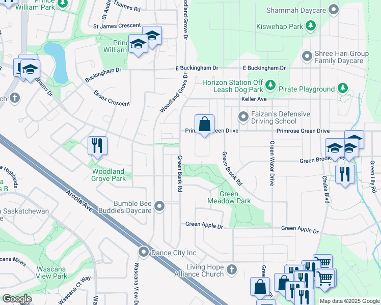 map of restaurants, bars, coffee shops, grocery stores, and more near 3333 Valley Green Way in Regina