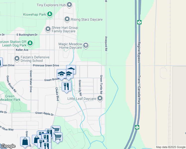 map of restaurants, bars, coffee shops, grocery stores, and more near 3310 Green Turtle Road in Regina