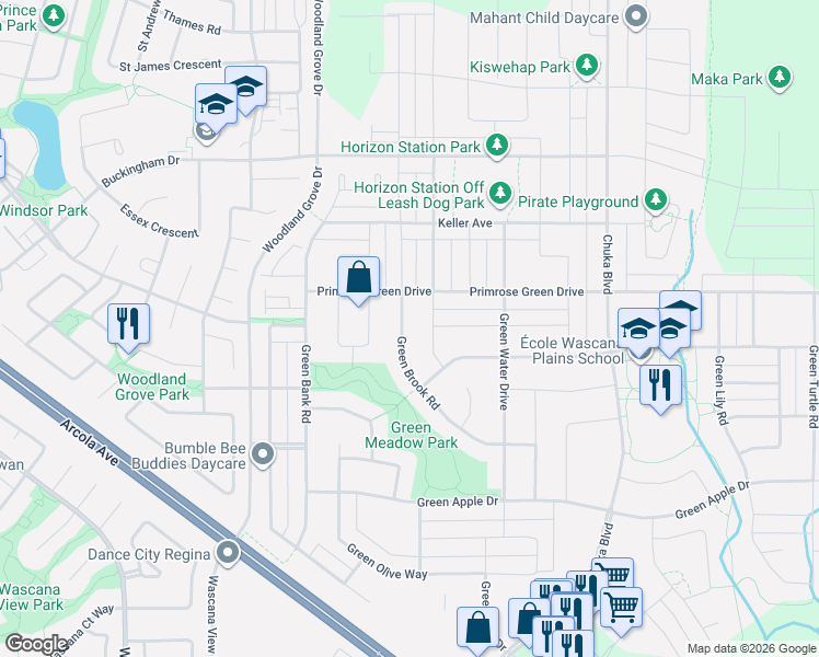 map of restaurants, bars, coffee shops, grocery stores, and more near 3313 Green Brook Road in Regina