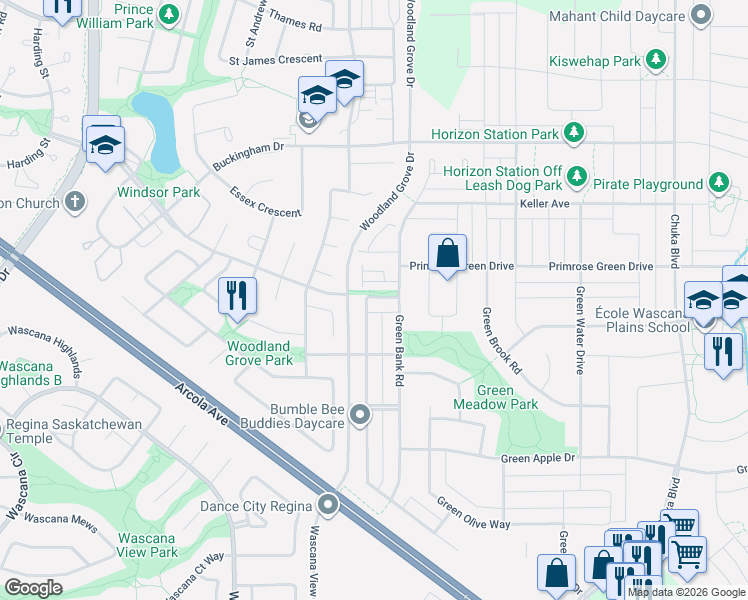map of restaurants, bars, coffee shops, grocery stores, and more near 3295 Green Bank Road in Regina