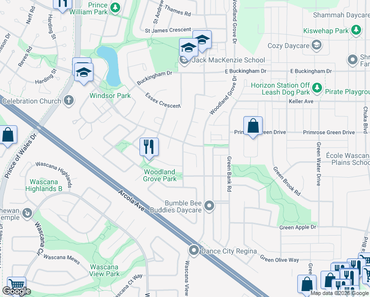 map of restaurants, bars, coffee shops, grocery stores, and more near 3404 Elder Grove in Regina