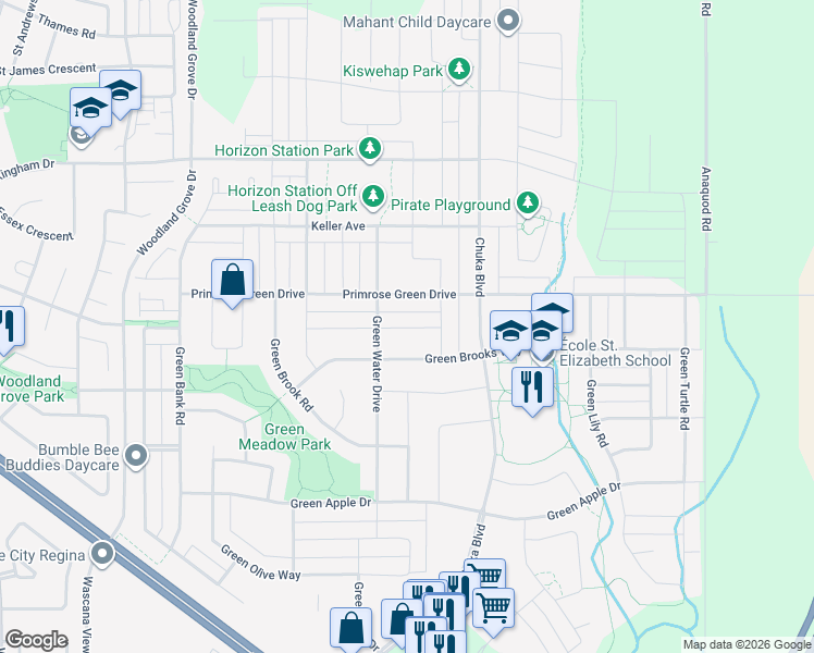 map of restaurants, bars, coffee shops, grocery stores, and more near 4832 Green Rock Road in Regina