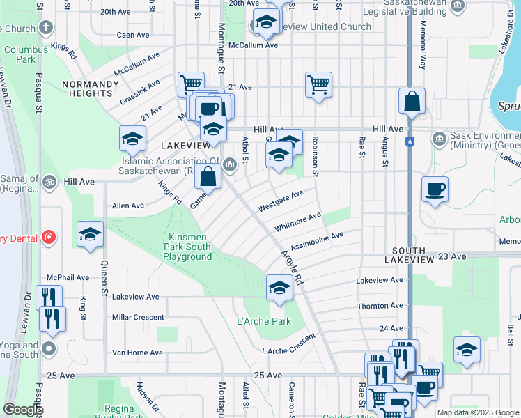 map of restaurants, bars, coffee shops, grocery stores, and more near Westgate Avenue in Regina