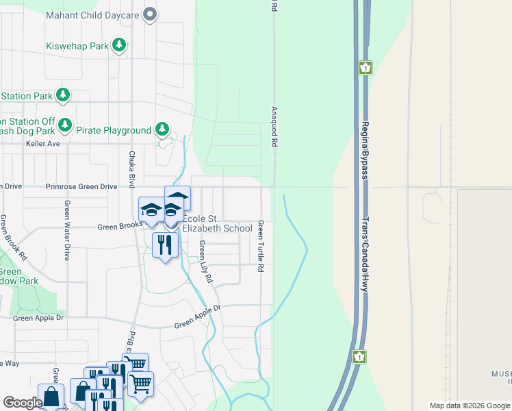 map of restaurants, bars, coffee shops, grocery stores, and more near 3310 Green Turtle Road in Regina
