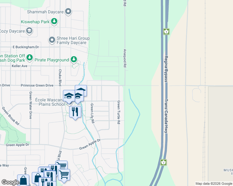 map of restaurants, bars, coffee shops, grocery stores, and more near 3310 Green Turtle Road in Regina