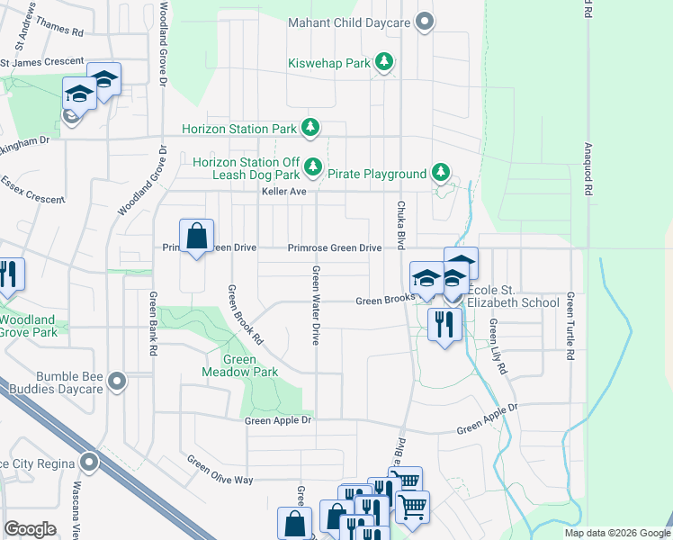 map of restaurants, bars, coffee shops, grocery stores, and more near 4832 Green Rock Road in Regina