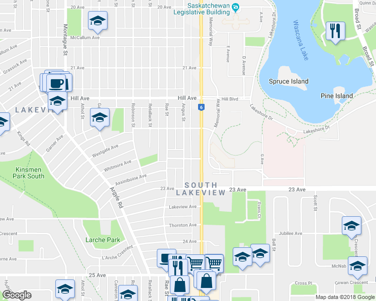 map of restaurants, bars, coffee shops, grocery stores, and more near 3365 Angus Street in Regina