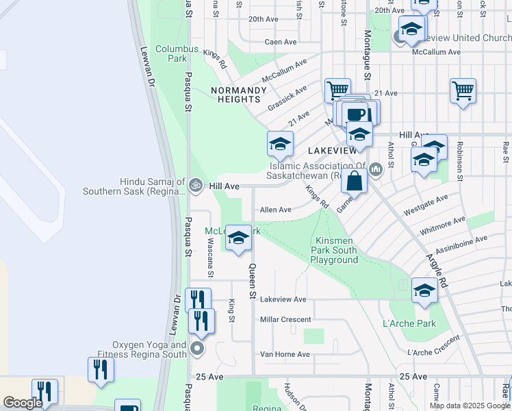 map of restaurants, bars, coffee shops, grocery stores, and more near 3331 Queen Street in Regina