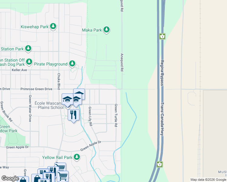 map of restaurants, bars, coffee shops, grocery stores, and more near 3310 Green Turtle Road in Regina