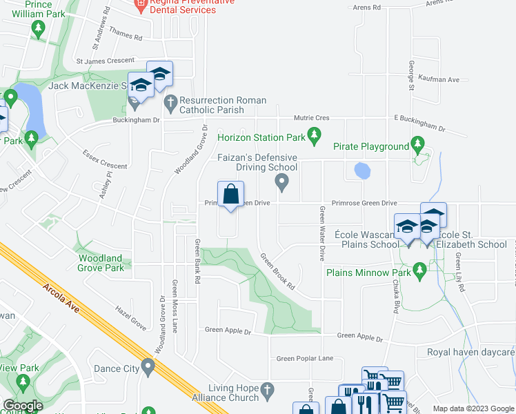 map of restaurants, bars, coffee shops, grocery stores, and more near 3313 Green Brook Road in Regina