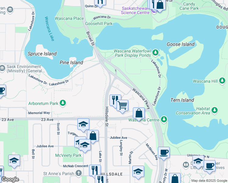 map of restaurants, bars, coffee shops, grocery stores, and more near 3105 Hillsdale Street in Regina