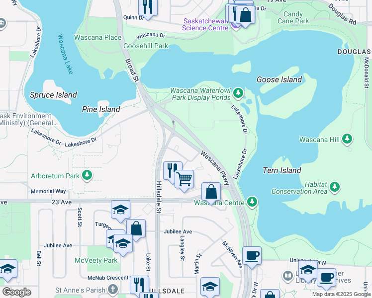 map of restaurants, bars, coffee shops, grocery stores, and more near 1230 Blackfoot Drive in Regina