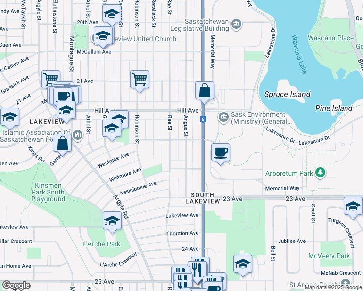 map of restaurants, bars, coffee shops, grocery stores, and more near 3312 Angus Street in Regina
