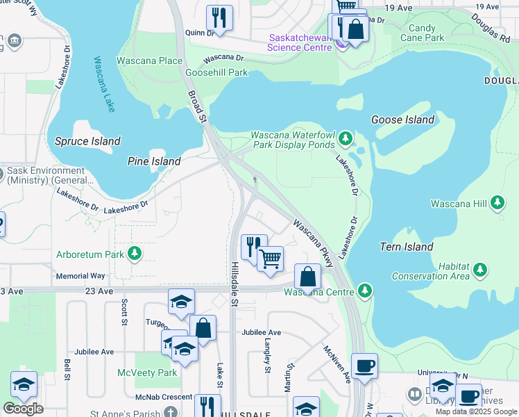 map of restaurants, bars, coffee shops, grocery stores, and more near 1230 Blackfoot Drive in Regina