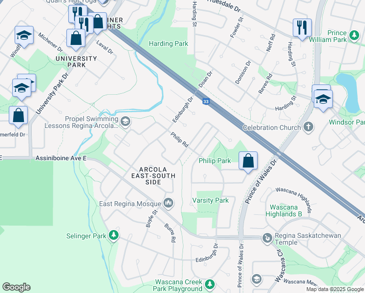 map of restaurants, bars, coffee shops, grocery stores, and more near 3273 Mountbatten Crescent in Regina