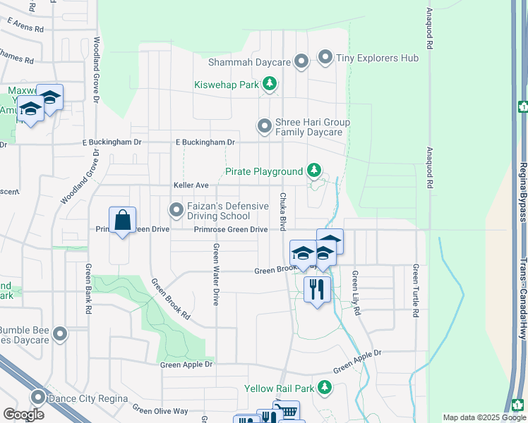 map of restaurants, bars, coffee shops, grocery stores, and more near 3245 Copeland Road in Regina