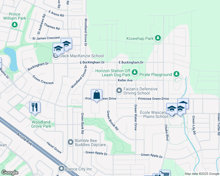map of restaurants, bars, coffee shops, grocery stores, and more near 3231 Green Brook Road in Regina