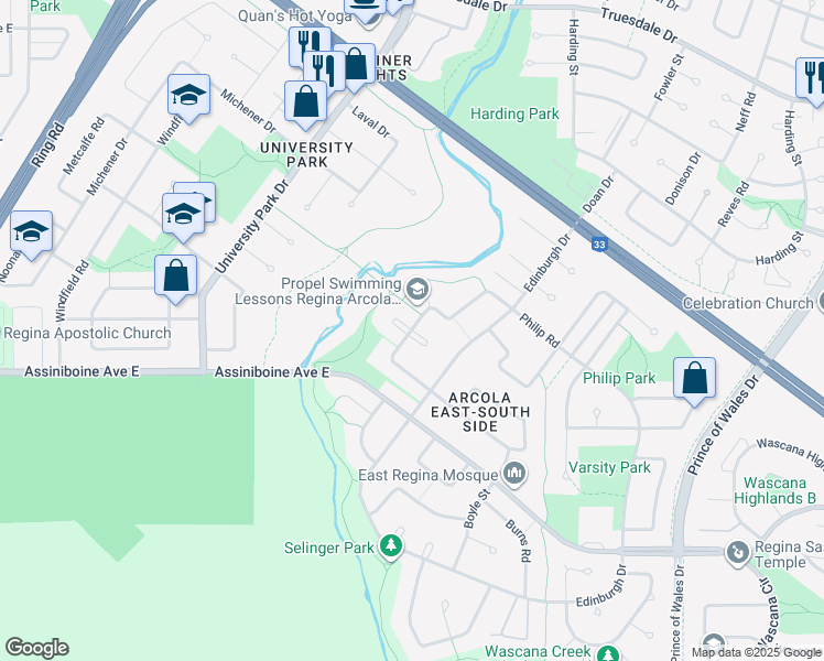 map of restaurants, bars, coffee shops, grocery stores, and more near Windsor Place in Regina
