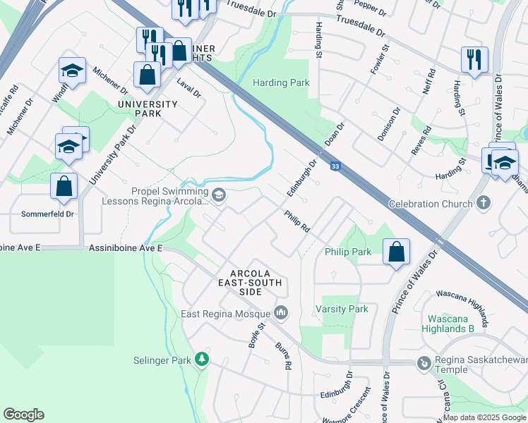 map of restaurants, bars, coffee shops, grocery stores, and more near 3210 Edinburgh Drive in Regina