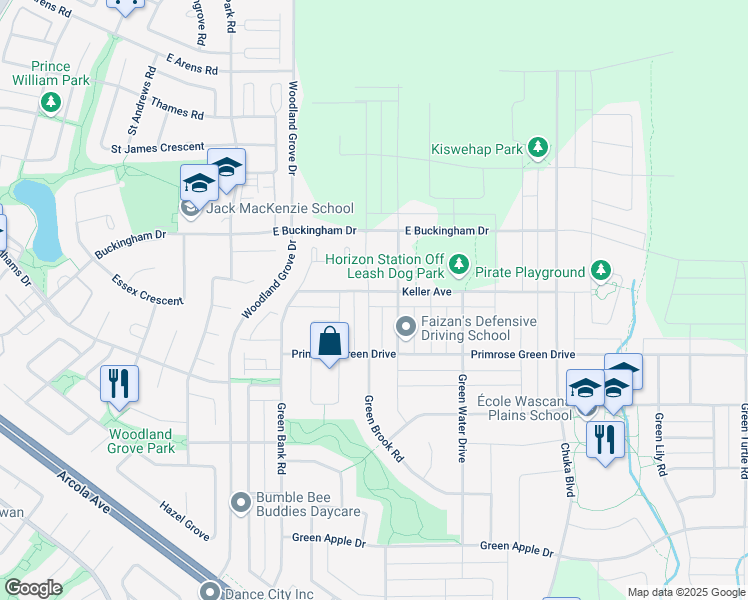 map of restaurants, bars, coffee shops, grocery stores, and more near 3231 Green Brook Road in Regina