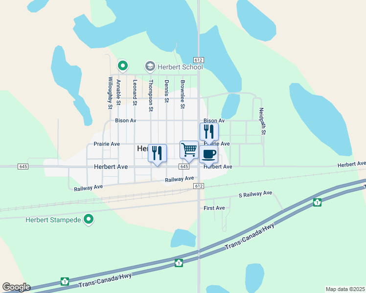 map of restaurants, bars, coffee shops, grocery stores, and more near 215 Brownlee Street in Herbert