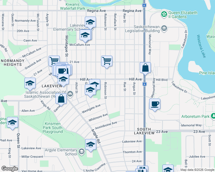 map of restaurants, bars, coffee shops, grocery stores, and more near 3271 Robinson Street in Regina