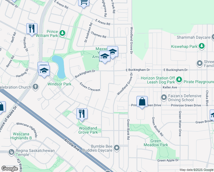 map of restaurants, bars, coffee shops, grocery stores, and more near 3298 Windsor Park Crescent in Regina