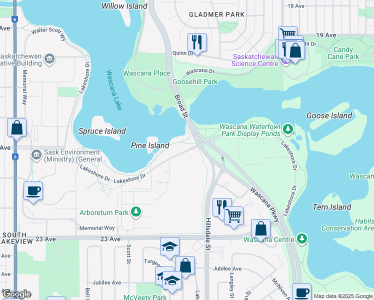 map of restaurants, bars, coffee shops, grocery stores, and more near Lakeshore Drive in Regina