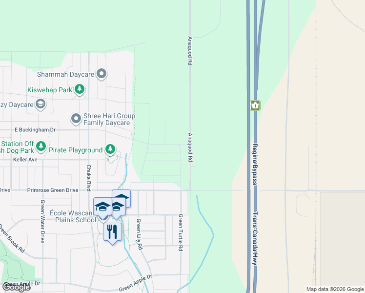 map of restaurants, bars, coffee shops, grocery stores, and more near Anaquod Road in Regina
