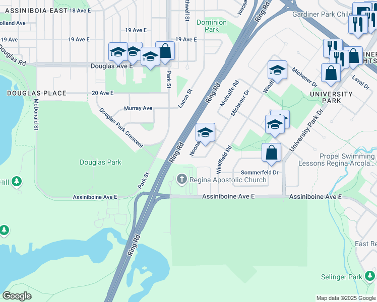 map of restaurants, bars, coffee shops, grocery stores, and more near 63 Noonan Road in Regina