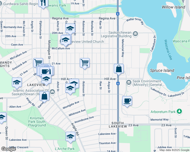 map of restaurants, bars, coffee shops, grocery stores, and more near 2820 Hill Avenue in Regina