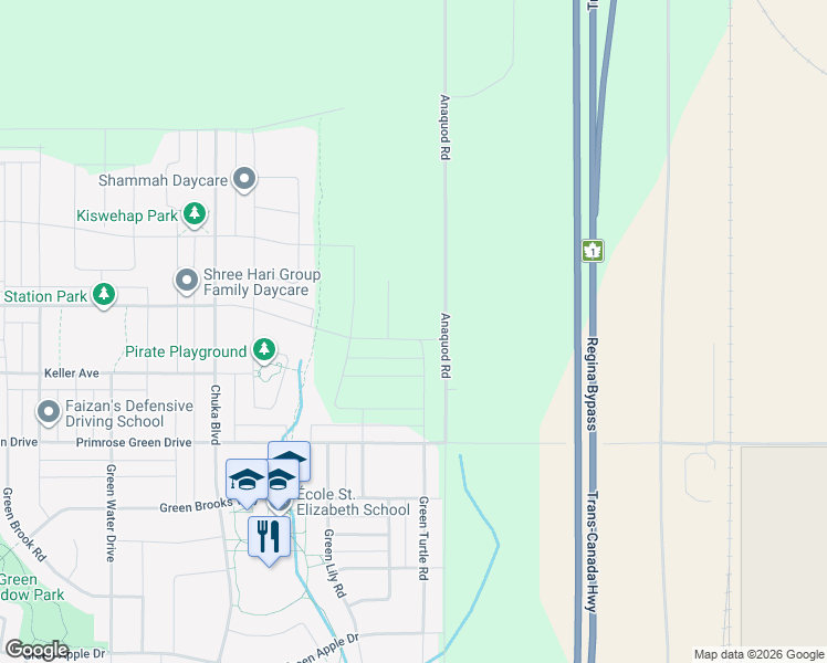 map of restaurants, bars, coffee shops, grocery stores, and more near Anaquod Road in Regina
