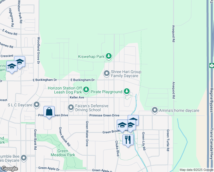 map of restaurants, bars, coffee shops, grocery stores, and more near 3142B Trombley St in Regina