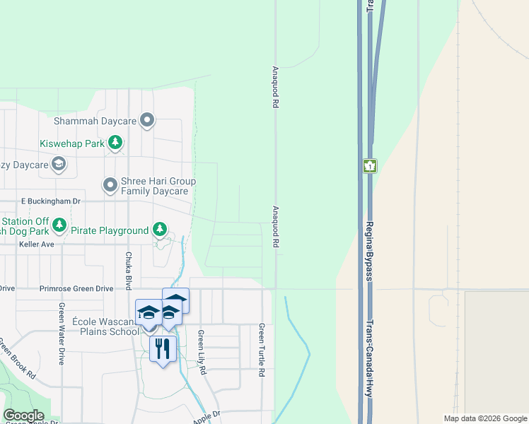 map of restaurants, bars, coffee shops, grocery stores, and more near Anaquod Road in Regina