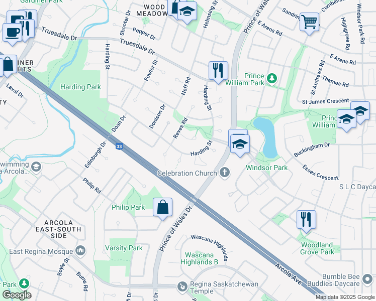 map of restaurants, bars, coffee shops, grocery stores, and more near 3127 Harding Street in Regina
