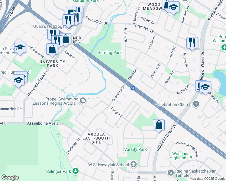 map of restaurants, bars, coffee shops, grocery stores, and more near 3152 Edinburgh Drive in Regina