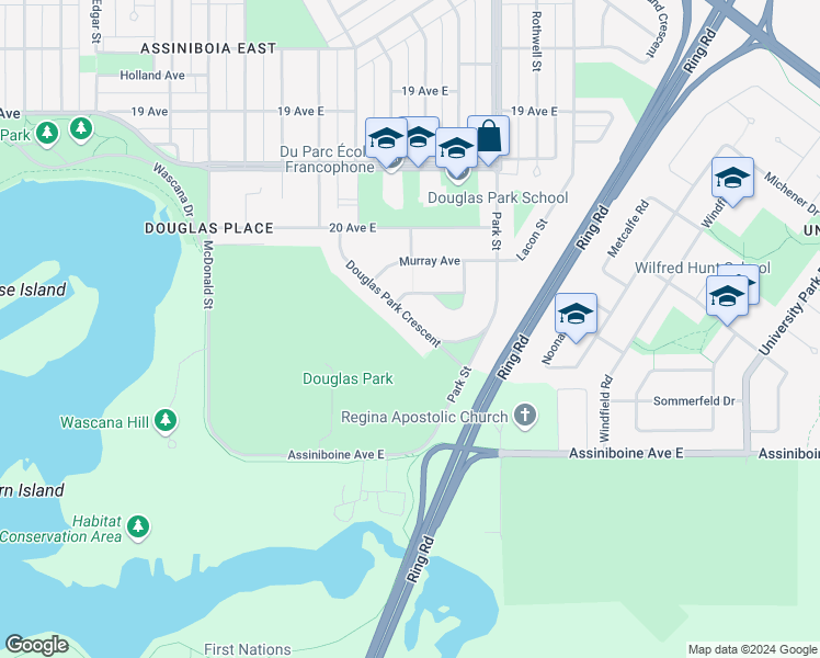 map of restaurants, bars, coffee shops, grocery stores, and more near 605 Douglas Park Crescent in Regina