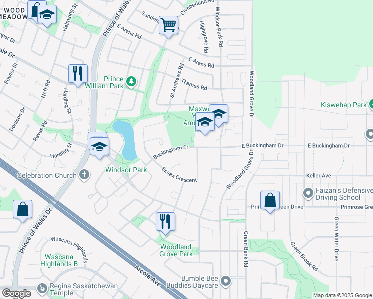 map of restaurants, bars, coffee shops, grocery stores, and more near Buckingham Drive in Regina
