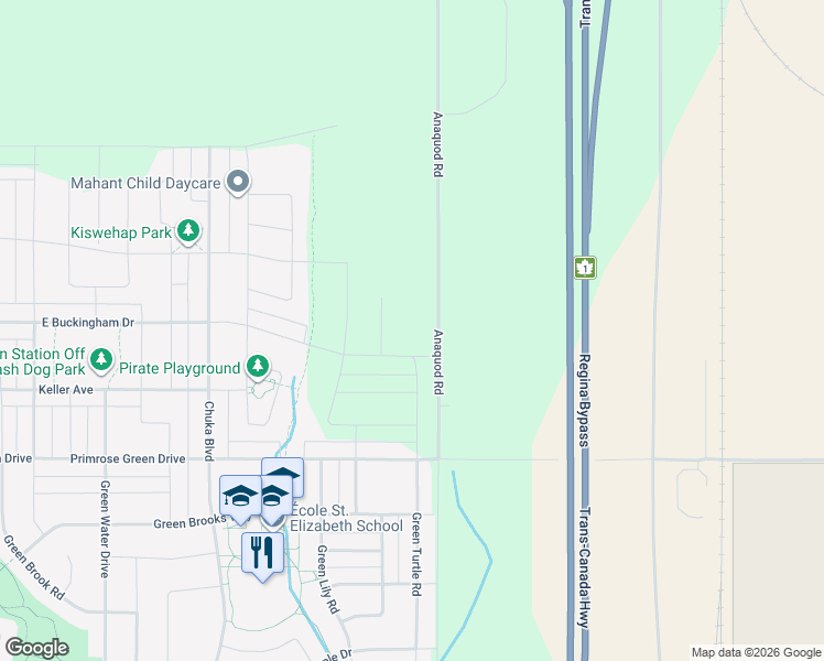 map of restaurants, bars, coffee shops, grocery stores, and more near Anaquod Road in Regina