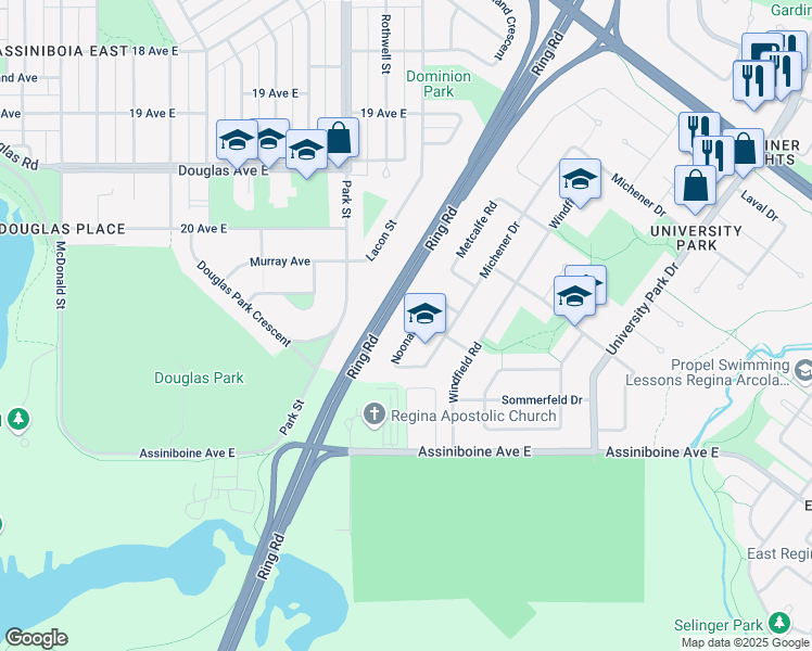 map of restaurants, bars, coffee shops, grocery stores, and more near 18 Noonan Road in Regina