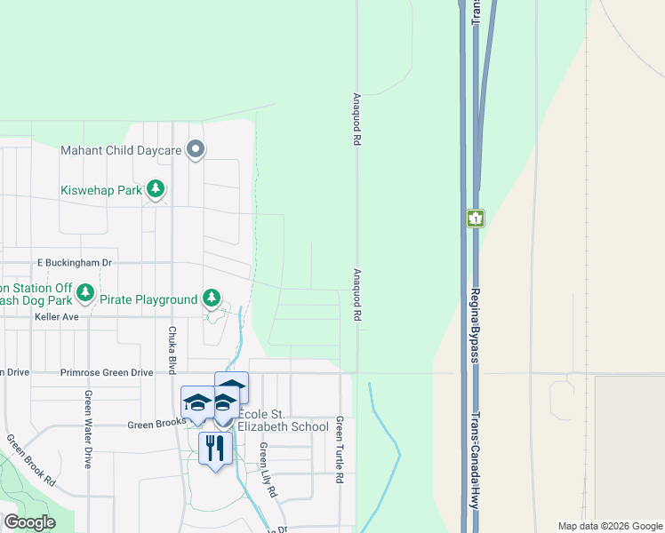 map of restaurants, bars, coffee shops, grocery stores, and more near Anaquod Road in Regina