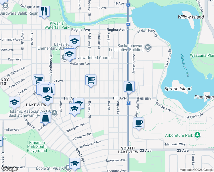 map of restaurants, bars, coffee shops, grocery stores, and more near 3105 Retallack Street in Regina