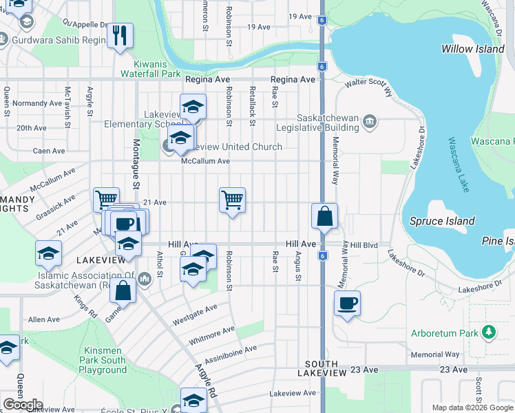 map of restaurants, bars, coffee shops, grocery stores, and more near 3105 Retallack Street in Regina