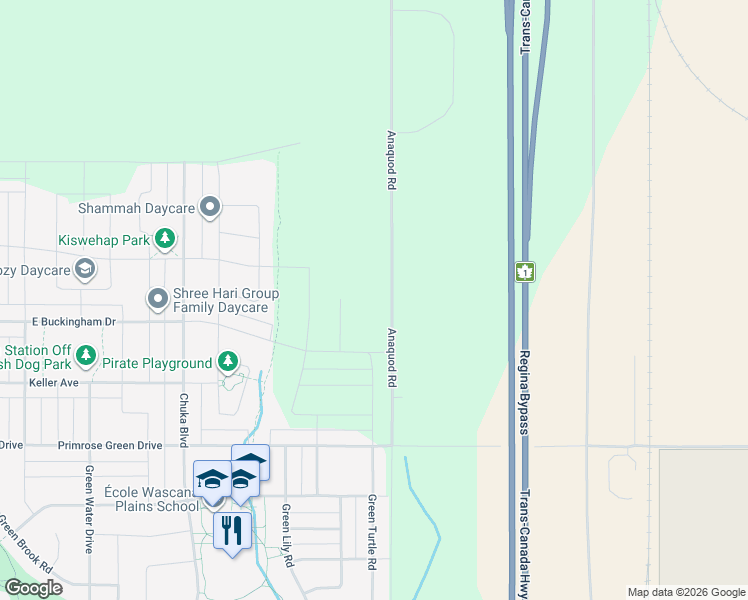 map of restaurants, bars, coffee shops, grocery stores, and more near Anaquod Road in Regina