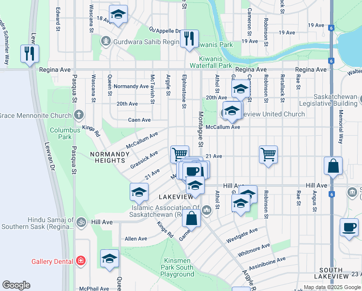 map of restaurants, bars, coffee shops, grocery stores, and more near 3054 Elphinstone Street in Regina