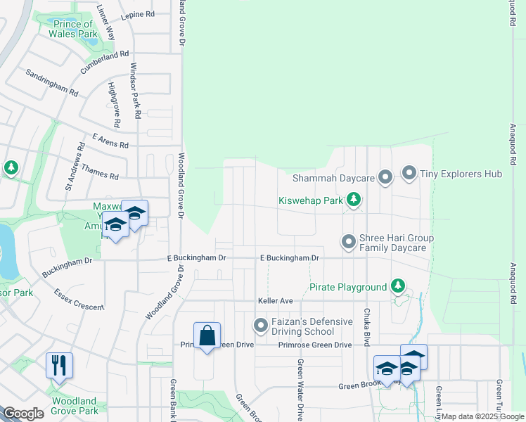 map of restaurants, bars, coffee shops, grocery stores, and more near Buckingham Dr in Regina