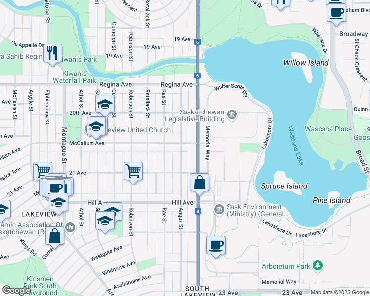 map of restaurants, bars, coffee shops, grocery stores, and more near 2639 McCallum Avenue in Regina