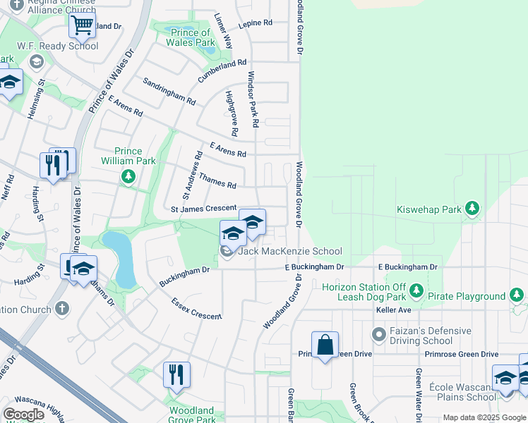 map of restaurants, bars, coffee shops, grocery stores, and more near 3103 Saint James Road in Regina
