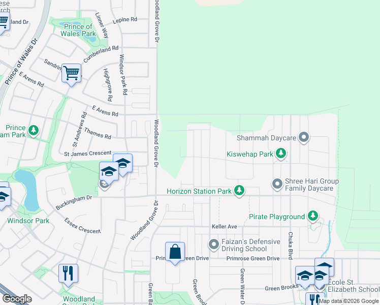 map of restaurants, bars, coffee shops, grocery stores, and more near Woodland Grove Drive in Regina