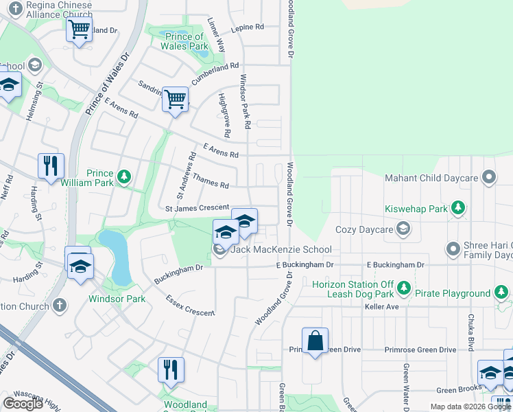 map of restaurants, bars, coffee shops, grocery stores, and more near 3103 Saint James Road in Regina